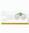Karácsonyi üdvözlőkártya - 180x85 mm - felfelé nyitható - zöld és arany fólianyomtatású, dombornyomott - elején 4 nyelvű szöveg