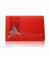 Karácsonyi üdvözlőkártya - 155x105 mm - felfelé nyitható - piros és ezüst fólianyomtatású, dombornyomott