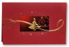 Karácsonyi üdvözlőlap - 15x100 mm - felfelé nyitható - piros borító arany-piros és dombornyomású díszítéssel - betétlapos
