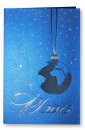 Karácsonyi üdvözlőlap - 100x150 mm - oldalra nyitható - királykék fényes karton borító - ezüst-kék díszítéssel, domborításnál szitaszerű díszítéssel - betétlapos