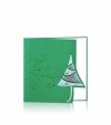   Karácsonyi képeslap - 135x135 mm - oldalra nyitható - zöld gyöngyházfényű karton, formastancolással  -  domborított ezüstözéssel, zöld fóliadíszítéssel - betétlapos