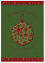    Karácsonyi képeslap - 110x155 mm - oldalra nyitható - zöld színű gyöngyházfényű karton - piros fólia díszítéssel, domborítással