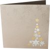  Karácsonyi képeslap - 135x135 mm - oldalra nyitható - csillogó pezsgő színű karton domborított hópehely mintával, aranyozott, ezüstözött hópelyhekből álló karácsonyfa - betétlap nincs
