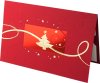 Karácsonyi képeslap - 155x100 mm - felfelé nyitható  - piros matt karton vakdomborítással, prégelt piros és arany mintával - beige színű betétlappal 