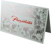 Karácsonyi képeslap - 155x100 mm - felfelé nyitható - csillogó ezüst színű karton, prégelt ezüst mintával, piros francia köszöntővel - betétlap nincs

 