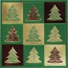 Karácsonyi képeslap - 135x135 mm - oldalra nyitható - zöld kartonon domborított négyzetek, prégelt arany és bordó karácsonyfák - befűzött világos beige karton betétlap

 