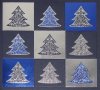 Karácsonyi képeslap - 135x135 mm - oldalra nyitható - sötétkék kartonon domborított négyzetek, prégelt ezüst és kék karácsonyfák - befűzött világos beige karton betétlap

 