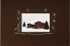 Karácsonyi képeslap - 155x100 mm - felfelé nyitható - közepén kivágott bordázott barna karton, prégelt ezüst csillag és karácsonyfa díszítéssel - kinyitható fehér vékony betétlappal, melynek első oldalán téli tájkép látható gerendaházakkal

 