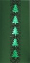 Karácsonyi képeslap - 210x100 mm - oldalra nyitható - zöld alapszínű kartonon függőleges mintával lakkozott sávban domborított, fényes zölddel prégelt karácsonyfák -  beige betétlap 
