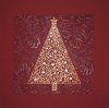Karácsonyi képeslap - 135x135 mm - piros karton, közepén prégelt aranyozással és ezüstözéssel stilizált karácsonyfa, körülötte kidomborodó fényes hatású motívumokkal - beige betétlap 