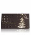 Karácsonyi üdvözlőlap - 180x100 mm - felfelé nyitható - sötétbarna matt karton - arany fóliadíszítéssel, színtelen formalakk mintával - formastancolással - hajtogatott krém színű betétlappal