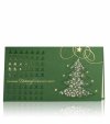 Karácsonyi üdvözlőlap - 180x100 mm - felfelé nyitható - zöld gyöngyházfényű karton - arany fóliadíszítéssel, színtelen formalakk mintával - formastancolással - hajtogatott krém színű betétlappal