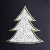 Karácsonyi üdvözlőlap - 135x135 mm - oldalra hajtható - borító: sötétkék karton fenyő alakú kivágással, ezüst fóliadíszítéssel - betétlap: fehér hajtogatott lap, elején kék fenyőmintával