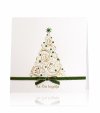  Karácsonyi üdvözlőlap - 135x135 mm - felfelé nyitható - fehér gyöngyházfényű karton - zöld és arany fóliadíszítéssel, zöld szalaggal - betétlapos 