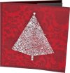 Karácsonyi képeslap - 135x135 - oldalra nyitható - arany-ezüst nyomású piros színű pausz borítóval - piros mintás betétlappal